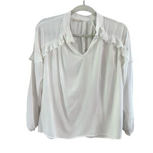 Anthro Yellow Chair Ruffled V Neck Long Sleeve White Blouse Top Women Size L